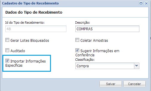 tipo de recebimento informação especifica